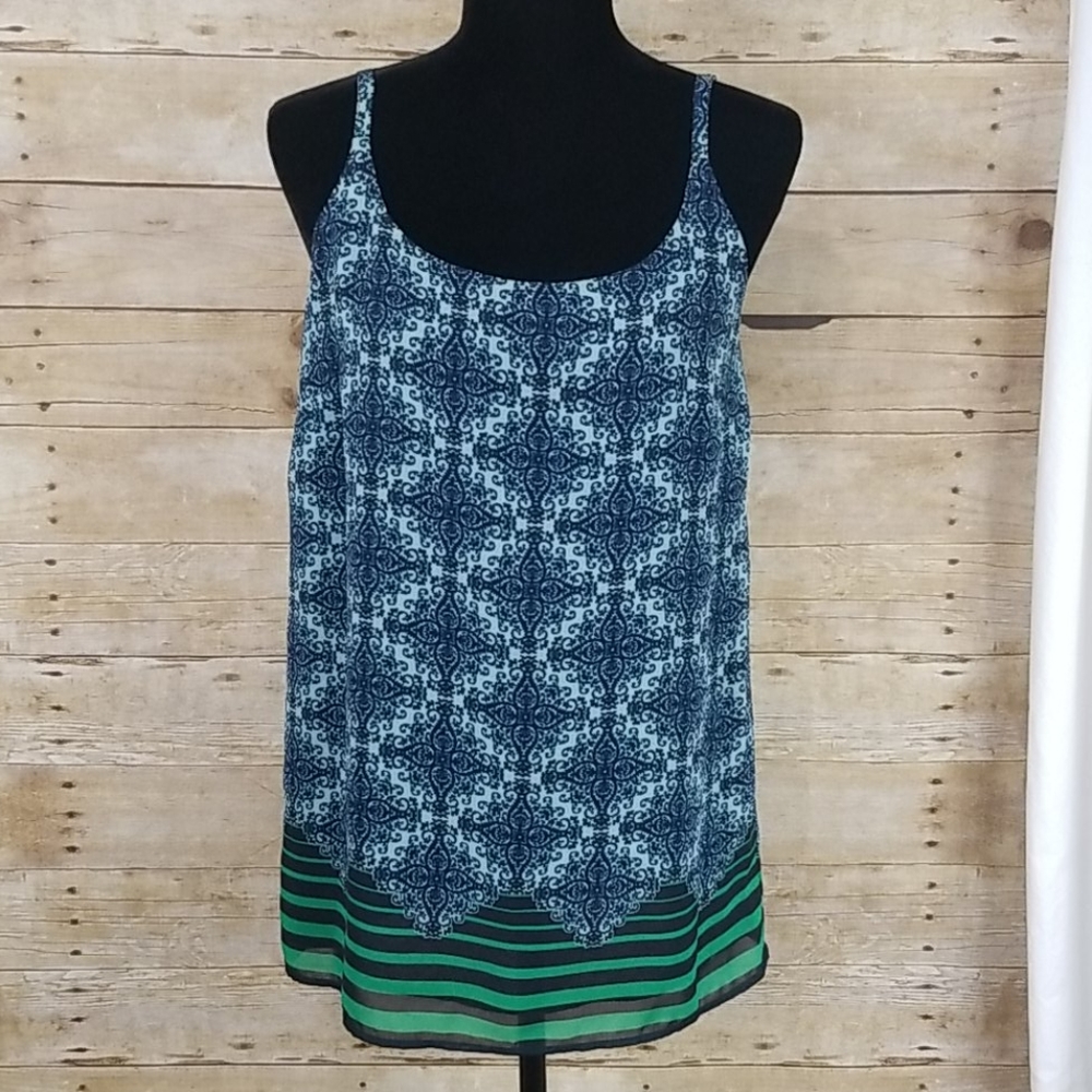 CAbi Blue and Green Patterned Tank Top